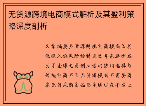 无货源跨境电商模式解析及其盈利策略深度剖析