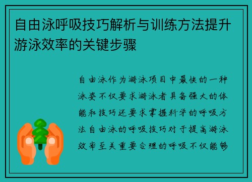自由泳呼吸技巧解析与训练方法提升游泳效率的关键步骤